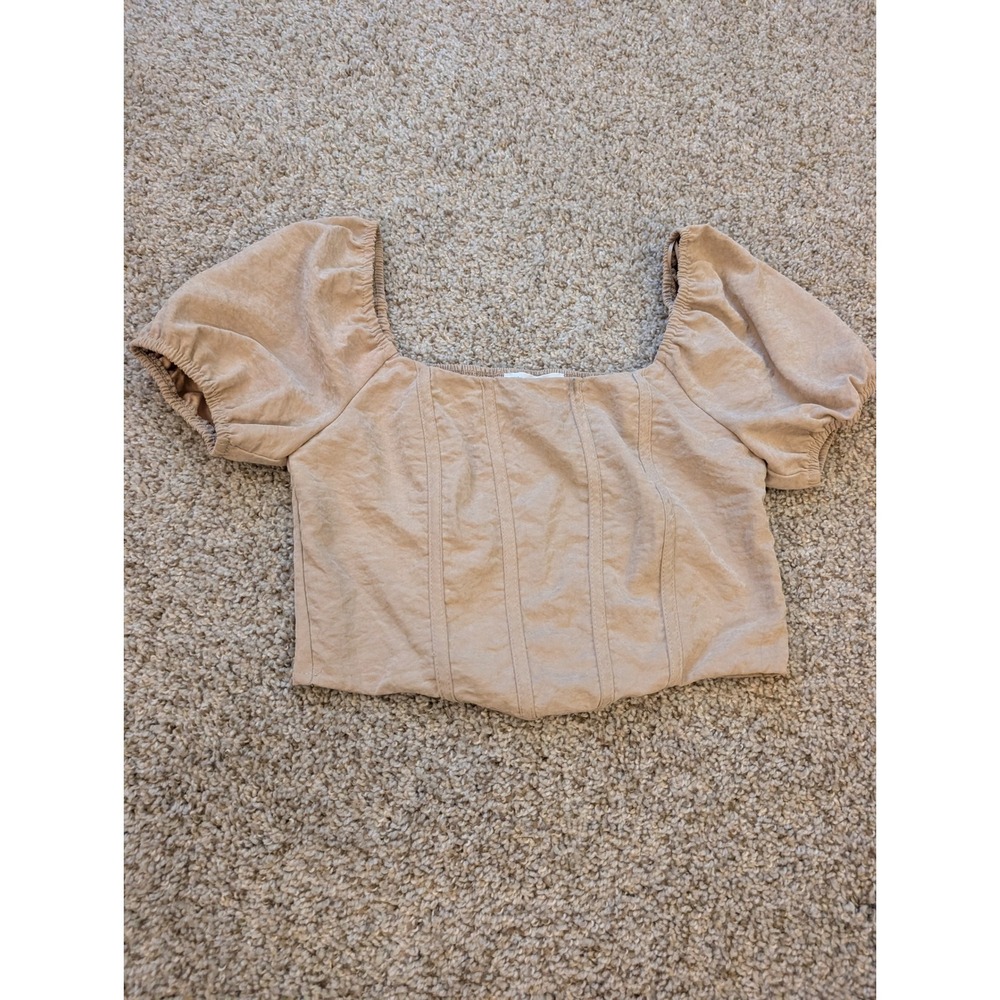 Kirious Los Angeles Tan Puff Sleeve Corset Crop Top Square Neck Smocked Back S